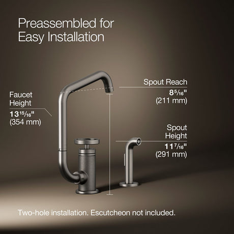 Billet® Single-handle bar sink faucet with two-function extended-reach spout and side sprayer