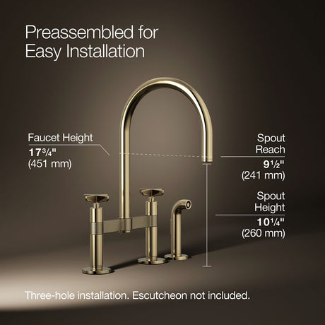 Billet® Two-hole bridge kitchen sink faucet with side sprayer