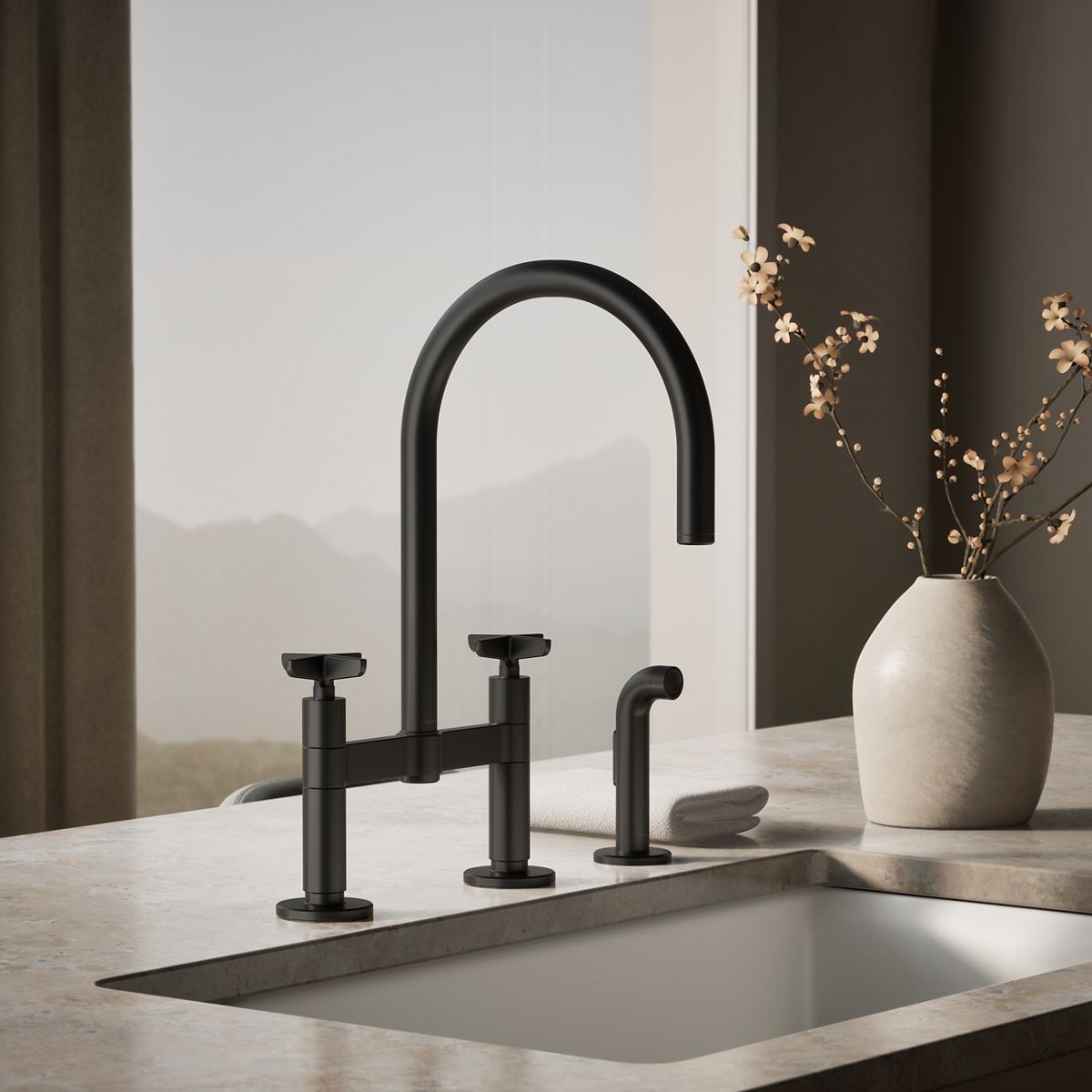 Billet® Two-hole bridge kitchen sink faucet with side sprayer
