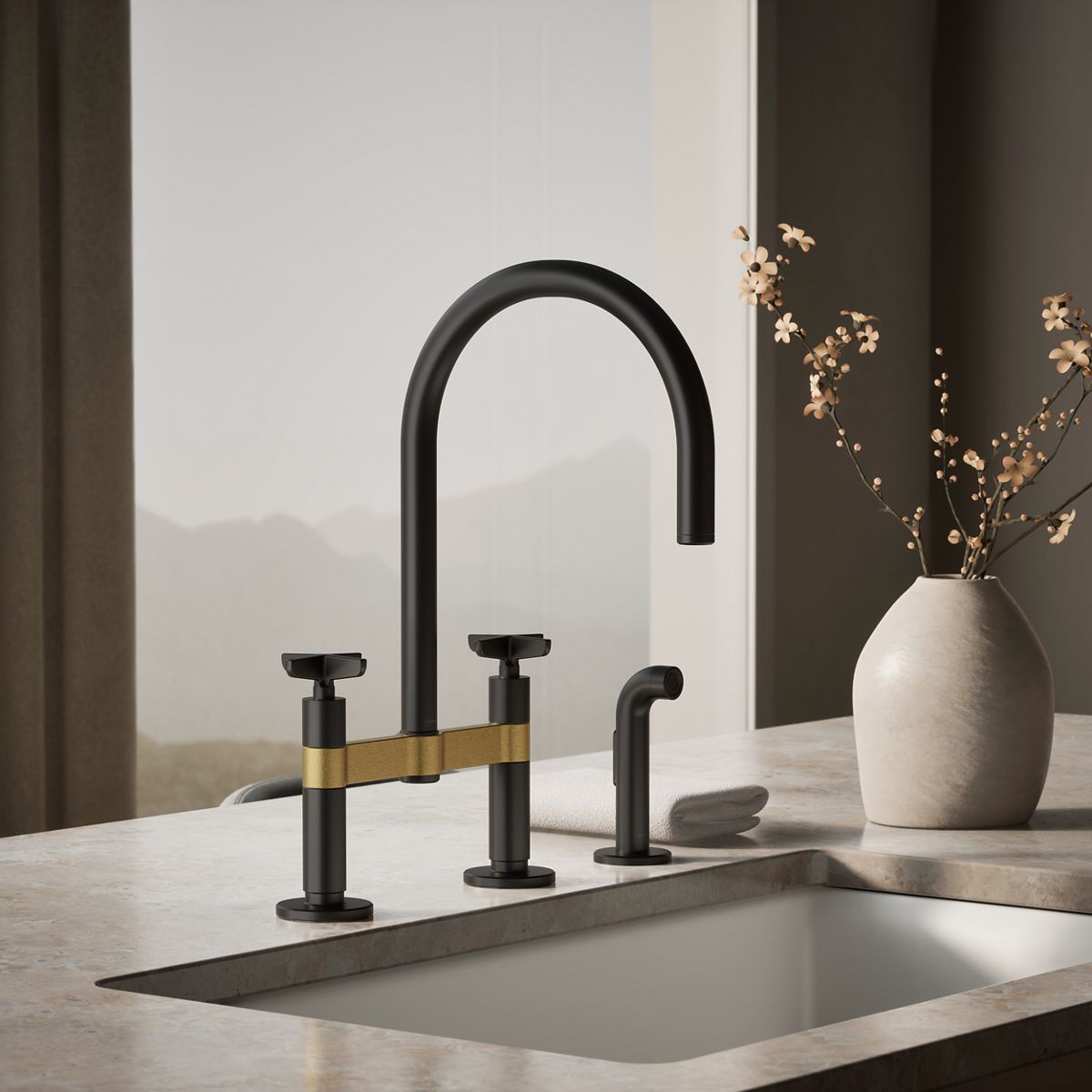 Billet® Two-hole bridge kitchen sink faucet with side sprayer