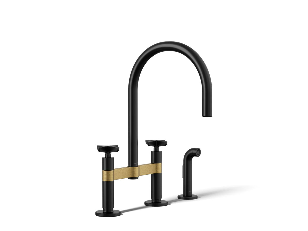 Billet® Two-hole bridge kitchen sink faucet with side sprayer