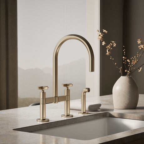 Billet® Two-hole bridge kitchen sink faucet with side sprayer
