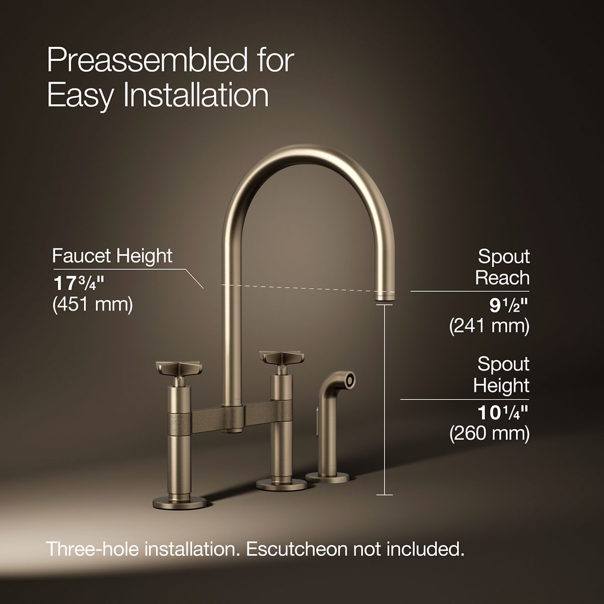 Billet® Two-hole bridge kitchen sink faucet with side sprayer