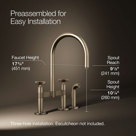 Billet® Two-hole bridge kitchen sink faucet with side sprayer