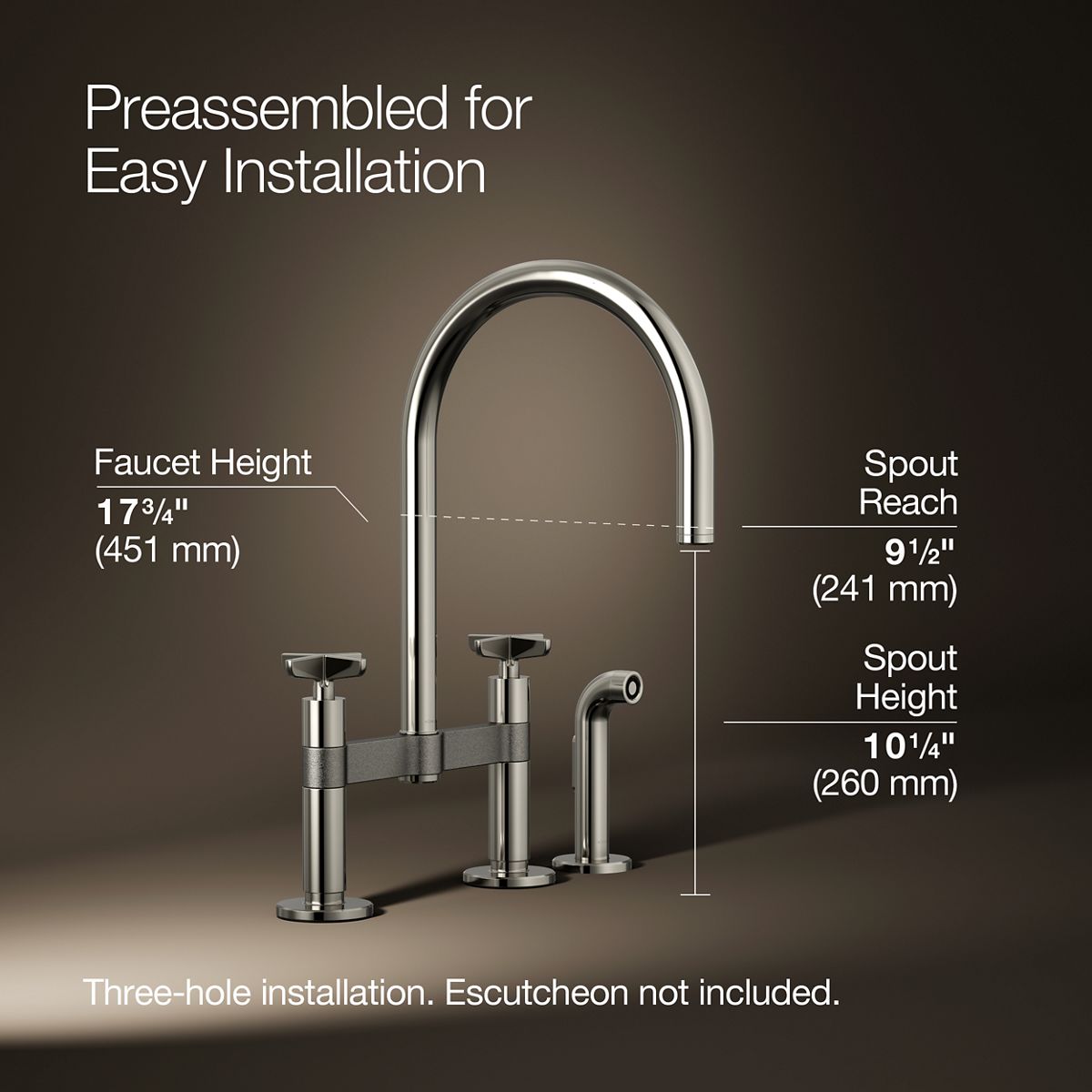 Billet® Two-hole bridge kitchen sink faucet with side sprayer