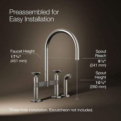 Billet® Two-hole bridge kitchen sink faucet with side sprayer
