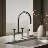 Billet® Two-hole bridge kitchen sink faucet with side sprayer