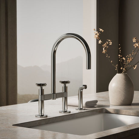 Billet® Two-hole bridge kitchen sink faucet with side sprayer