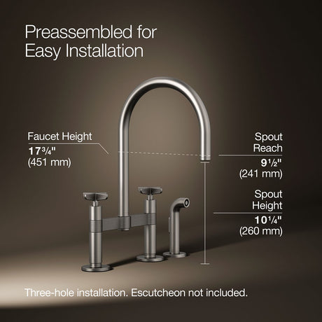 Billet® Two-hole bridge kitchen sink faucet with side sprayer