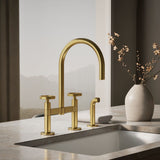 Billet® Two-hole bridge kitchen sink faucet with side sprayer