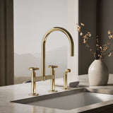Billet® Two-hole bridge kitchen sink faucet with side sprayer