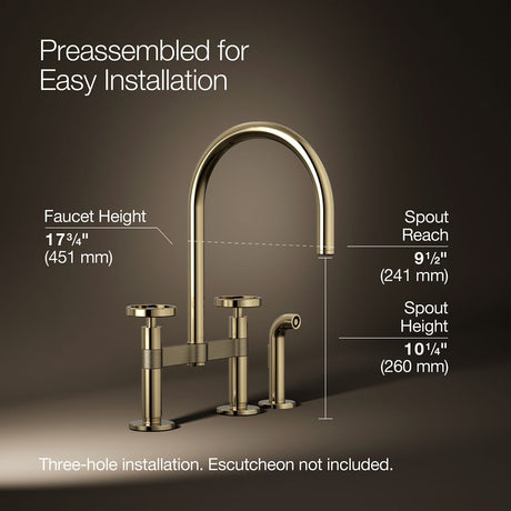 Billet® Two-hole bridge kitchen sink faucet with side sprayer