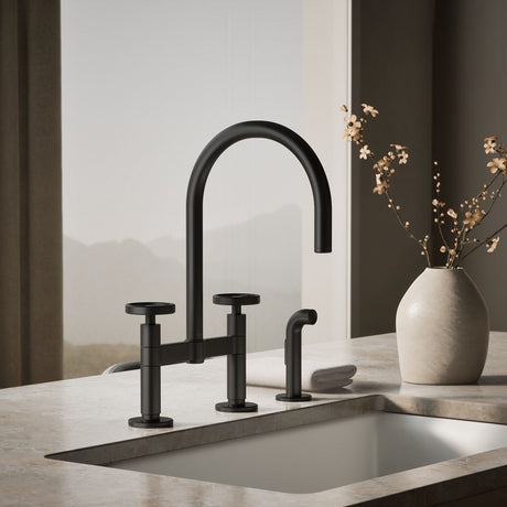 Billet® Two-hole bridge kitchen sink faucet with side sprayer