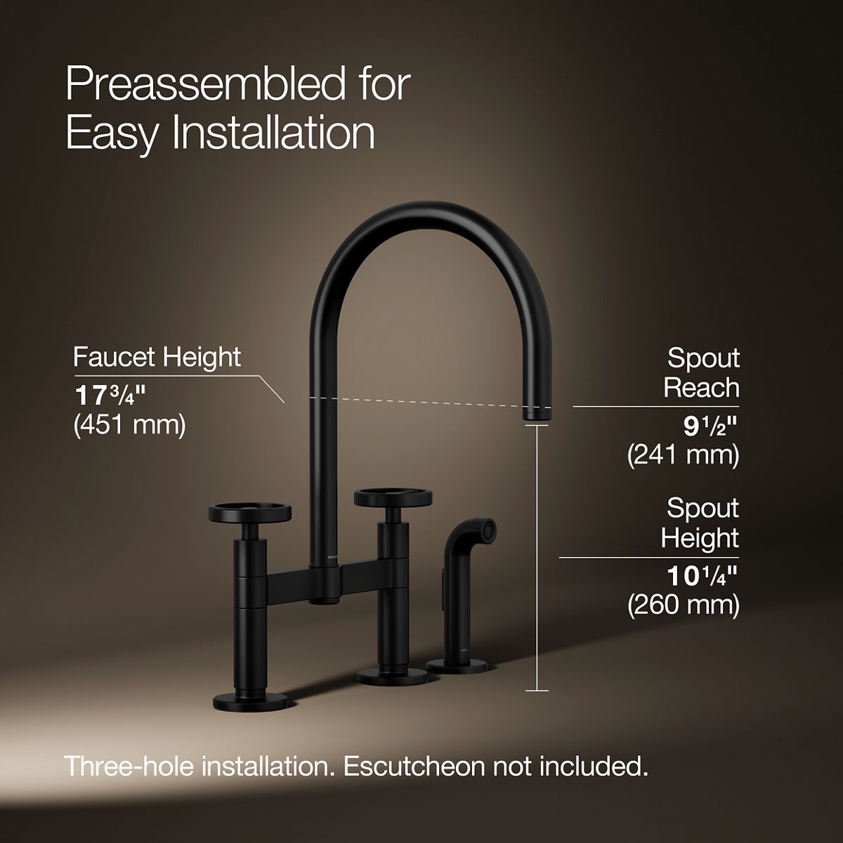 Billet® Two-hole bridge kitchen sink faucet with side sprayer