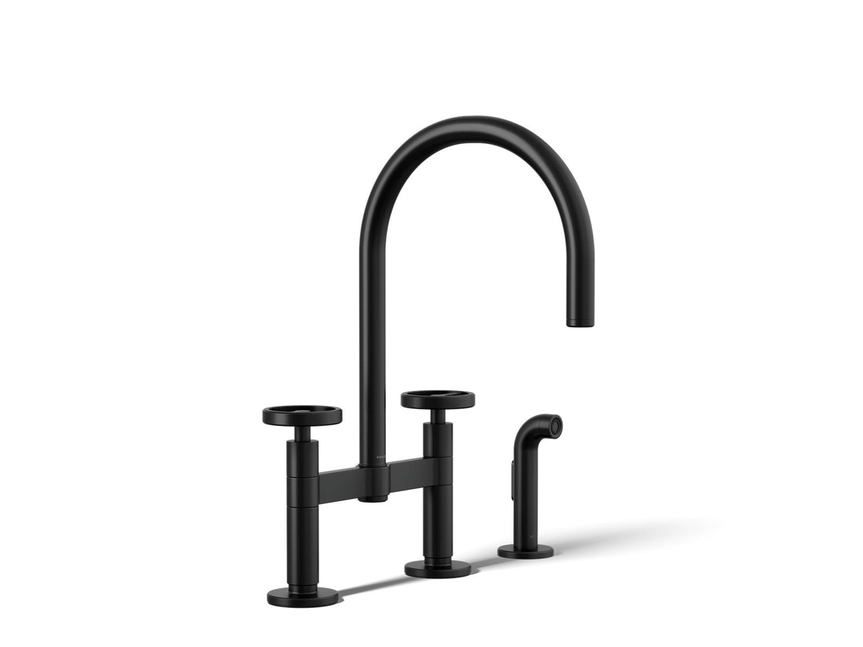 Billet® Two-hole bridge kitchen sink faucet with side sprayer