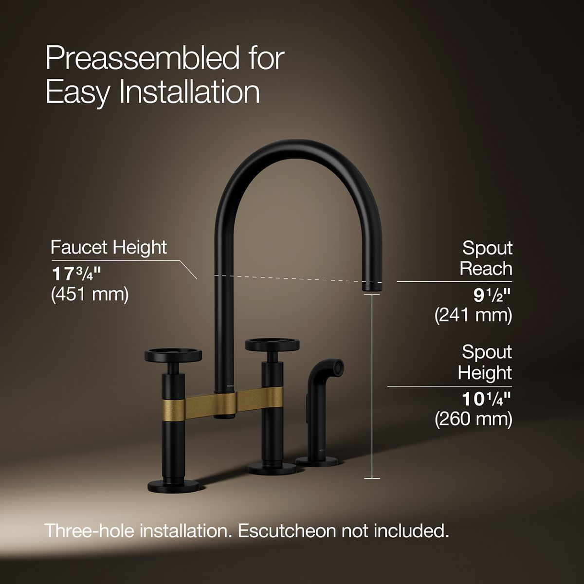 Billet® Two-hole bridge kitchen sink faucet with side sprayer