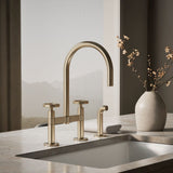 Billet® Two-hole bridge kitchen sink faucet with side sprayer