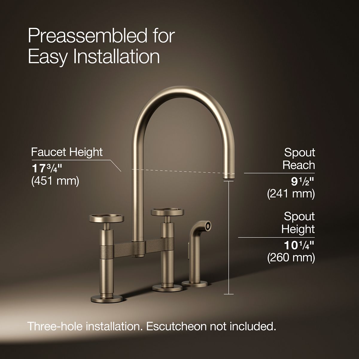 Billet® Two-hole bridge kitchen sink faucet with side sprayer