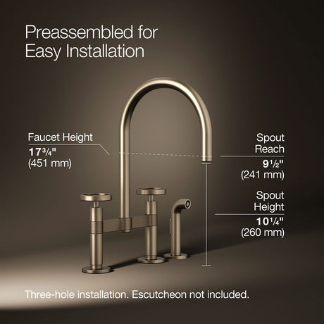 Billet® Two-hole bridge kitchen sink faucet with side sprayer