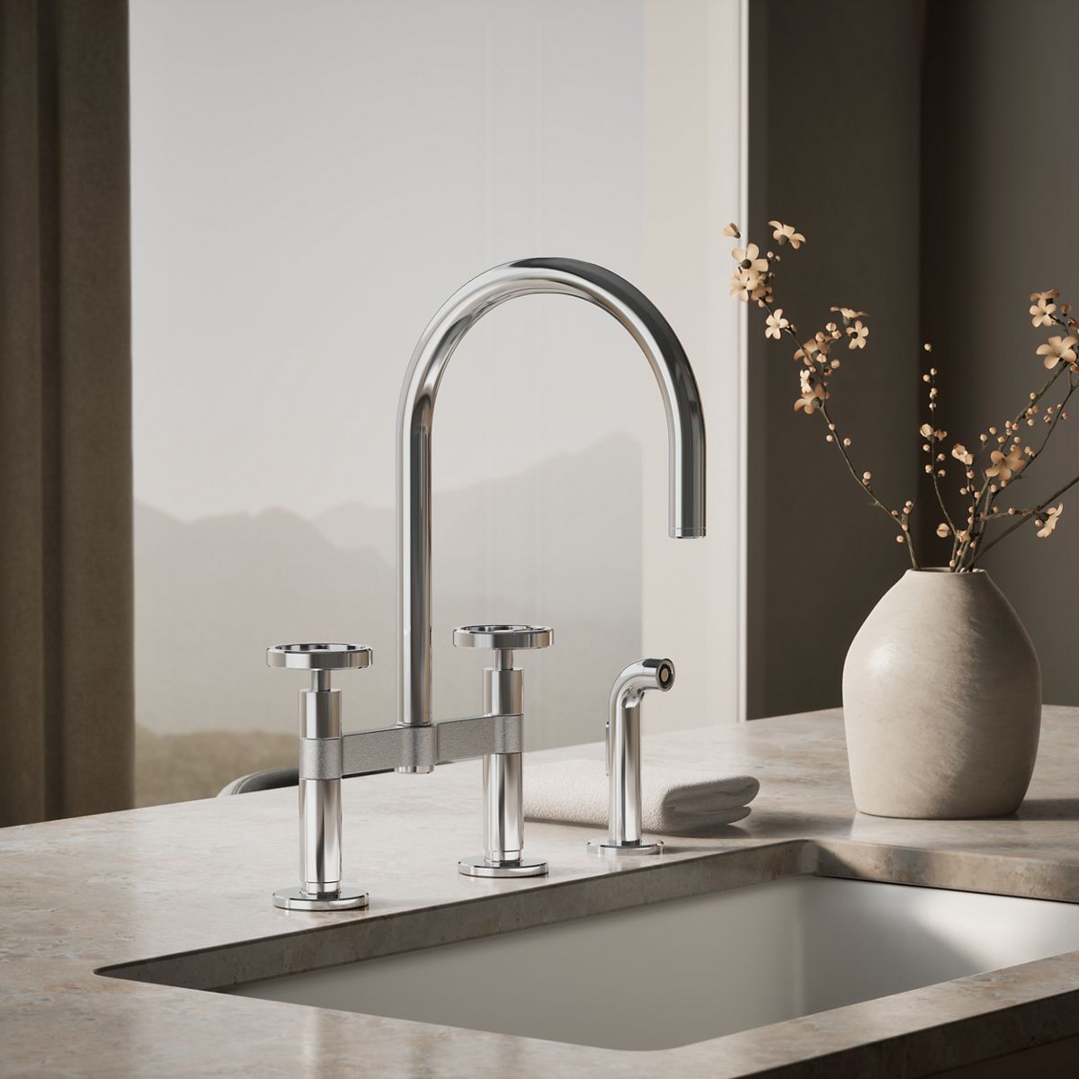 Billet® Two-hole bridge kitchen sink faucet with side sprayer