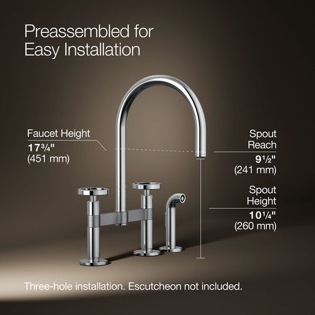 Billet® Two-hole bridge kitchen sink faucet with side sprayer