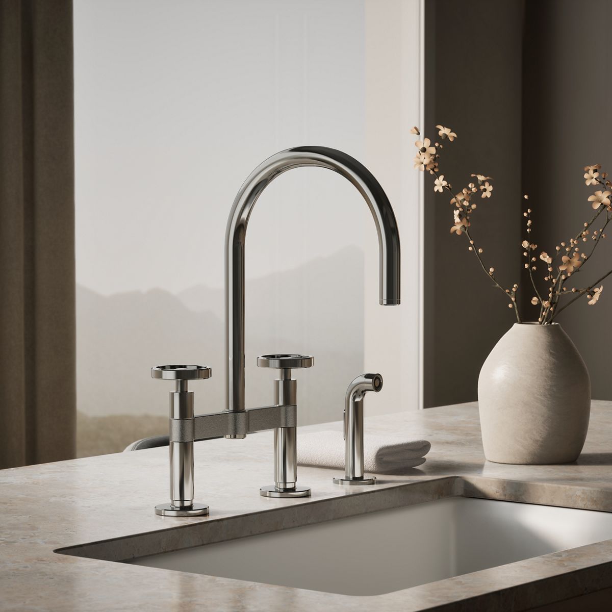 Billet® Two-hole bridge kitchen sink faucet with side sprayer