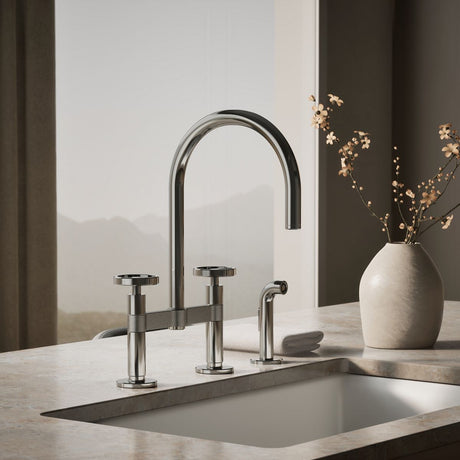 Billet® Two-hole bridge kitchen sink faucet with side sprayer