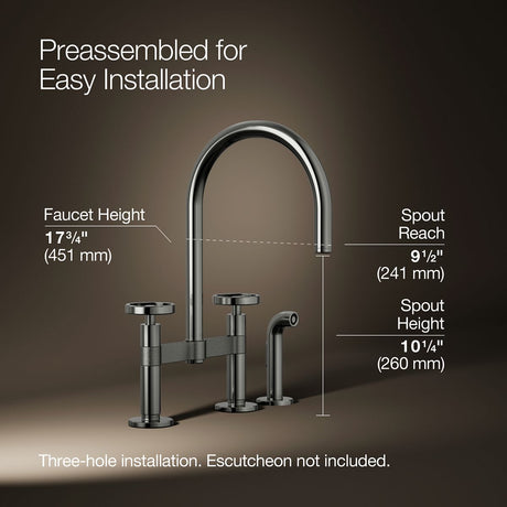 Billet® Two-hole bridge kitchen sink faucet with side sprayer