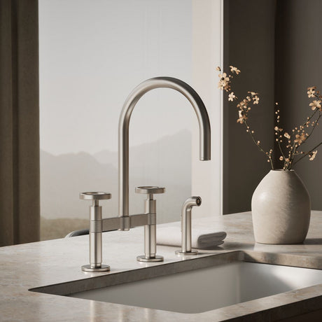 Billet® Two-hole bridge kitchen sink faucet with side sprayer
