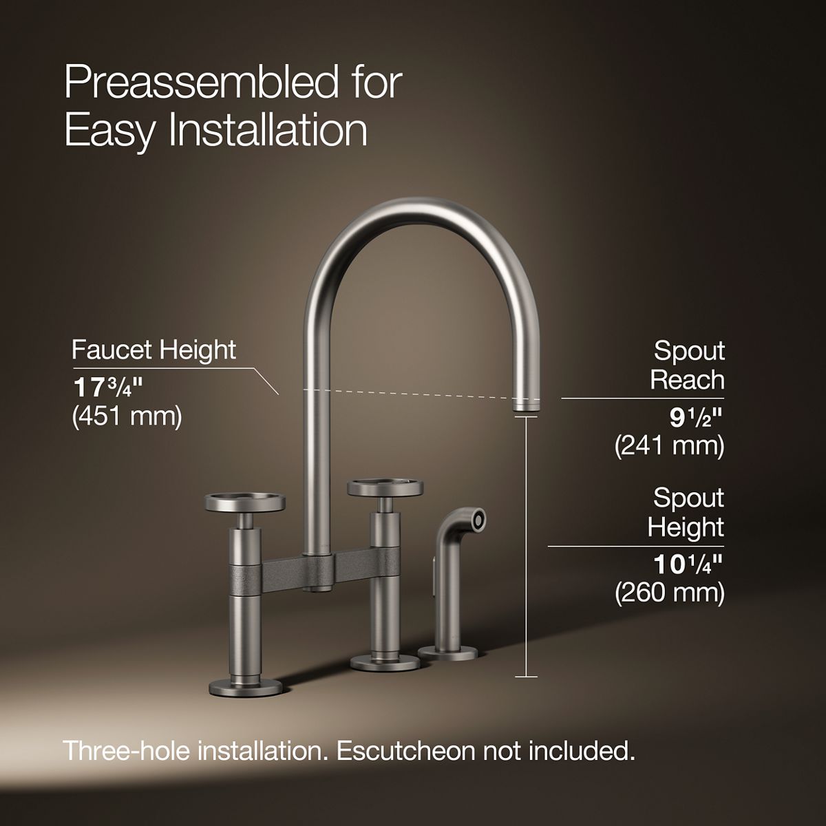 Billet® Two-hole bridge kitchen sink faucet with side sprayer
