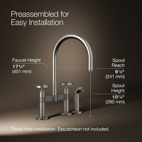Billet® Two-hole bridge kitchen sink faucet with side sprayer