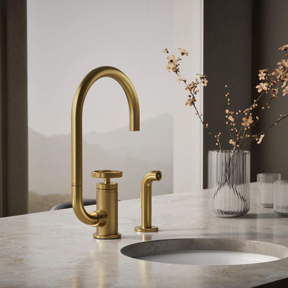 Billet® Single-handle bar sink faucet with two-function extended-reach spout and side sprayer