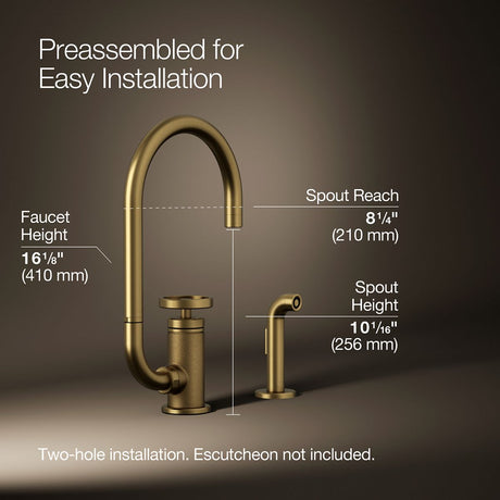 Billet® Single-handle bar sink faucet with two-function extended-reach spout and side sprayer