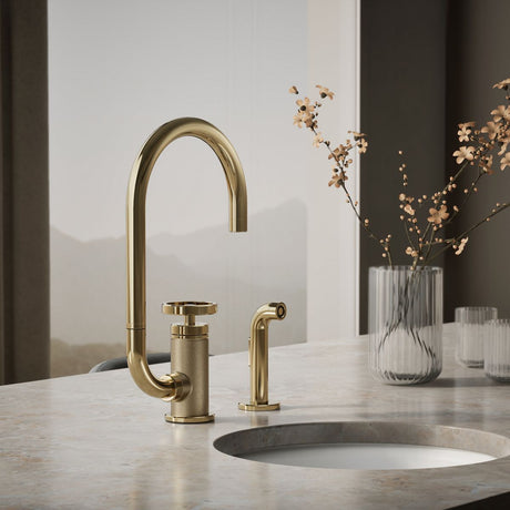Billet® Single-handle bar sink faucet with two-function extended-reach spout and side sprayer