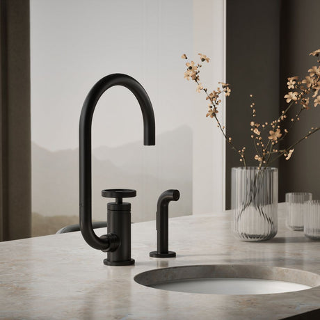Billet® Single-handle bar sink faucet with two-function extended-reach spout and side sprayer