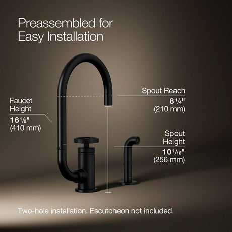 Billet® Single-handle bar sink faucet with two-function extended-reach spout and side sprayer