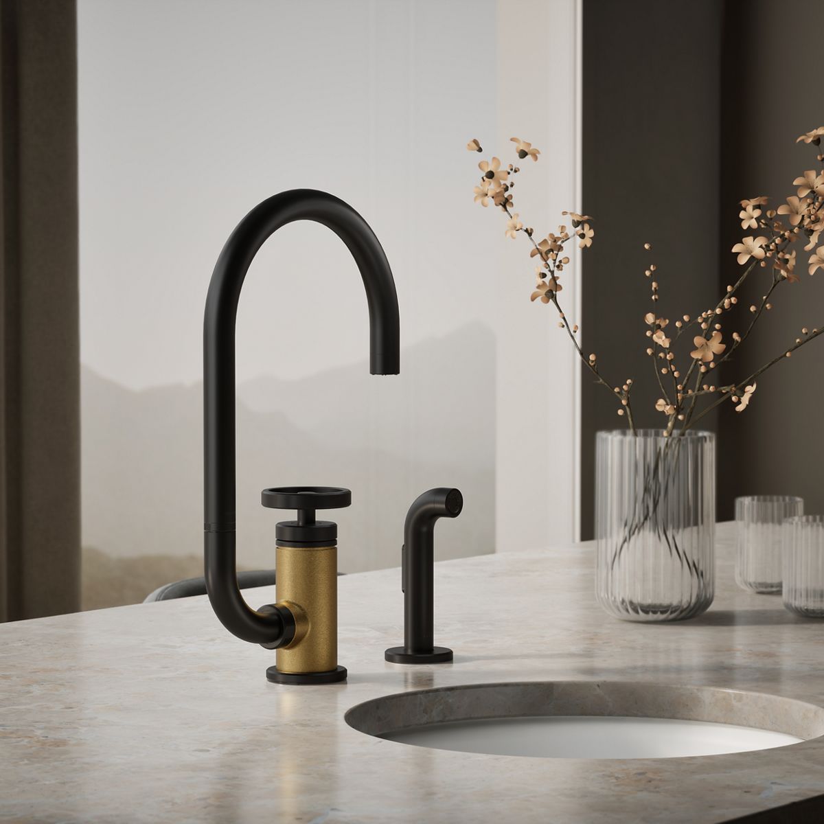 Billet® Single-handle bar sink faucet with two-function extended-reach spout and side sprayer