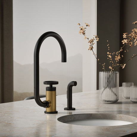 Billet® Single-handle bar sink faucet with two-function extended-reach spout and side sprayer