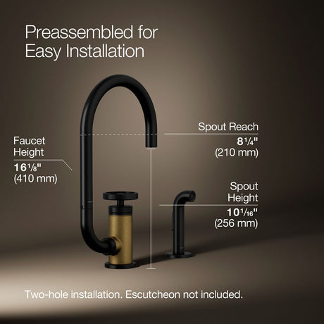 Billet® Single-handle bar sink faucet with two-function extended-reach spout and side sprayer
