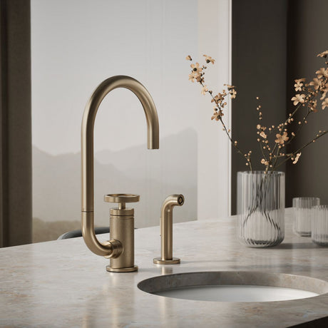 Billet® Single-handle bar sink faucet with two-function extended-reach spout and side sprayer