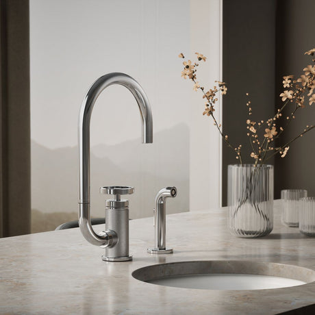Billet® Single-handle bar sink faucet with two-function extended-reach spout and side sprayer
