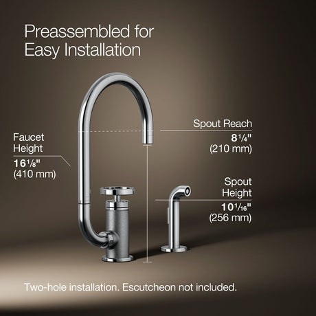 Billet® Single-handle bar sink faucet with two-function extended-reach spout and side sprayer