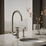 Billet® Single-handle bar sink faucet with two-function extended-reach spout and side sprayer