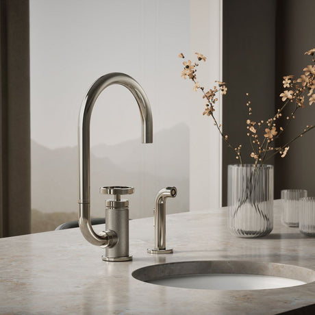 Billet® Single-handle bar sink faucet with two-function extended-reach spout and side sprayer