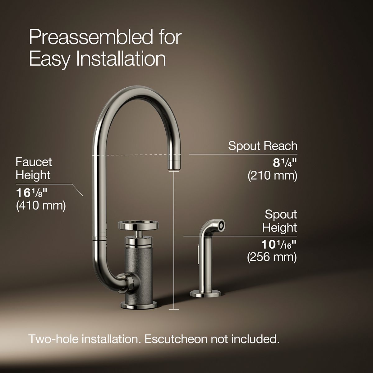 Billet® Single-handle bar sink faucet with two-function extended-reach spout and side sprayer