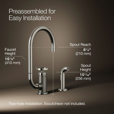 Billet® Single-handle bar sink faucet with two-function extended-reach spout and side sprayer
