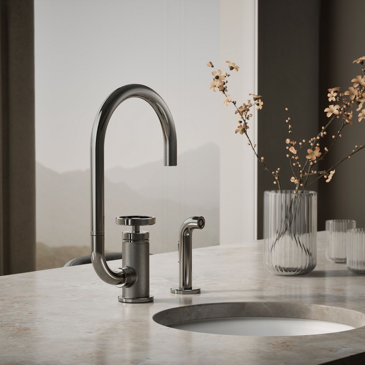 Billet® Single-handle bar sink faucet with two-function extended-reach spout and side sprayer