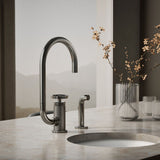 Billet® Single-handle bar sink faucet with two-function extended-reach spout and side sprayer