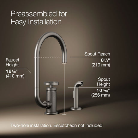 Billet® Single-handle bar sink faucet with two-function extended-reach spout and side sprayer