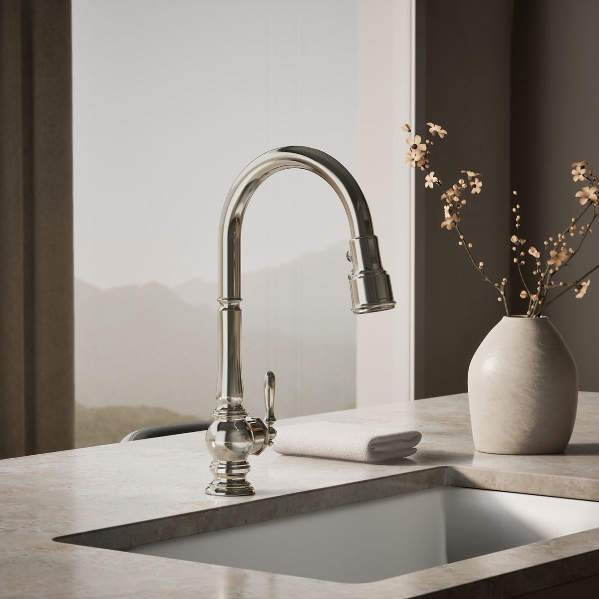Artifacts® Touchless pull-down kitchen sink faucet with three-function sprayhead